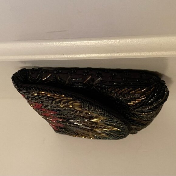 VINTAGE HANDMADE BAG CROSSBODY SHOULDER BEADED BLACK BROWN GOLD RED LONG STRAP - Picture 10 of 14